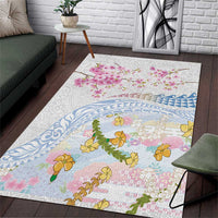 Hawaiian and Japanese Culture Together Area Rug Tribal Motifs with Lei and Japanese Sakura Pattern LT03 White - Polynesian Pride