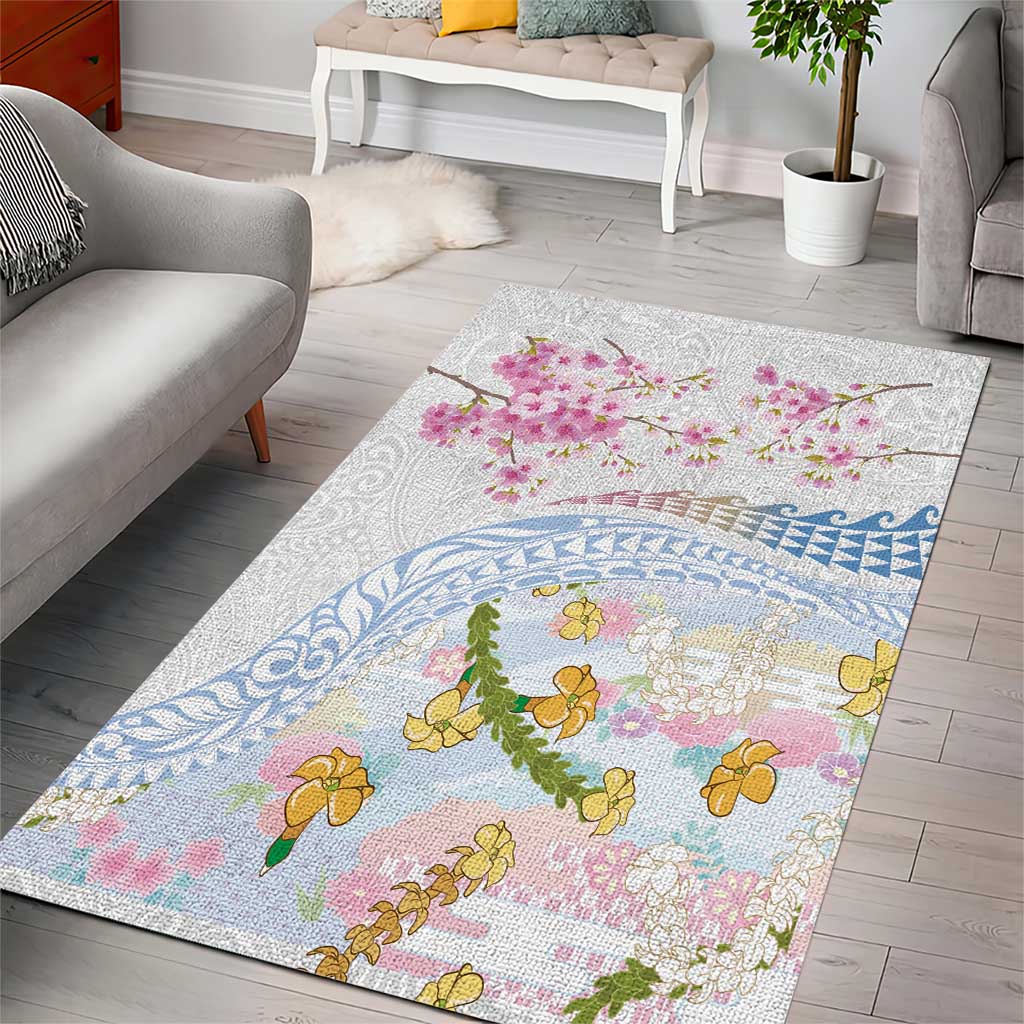 Hawaiian and Japanese Culture Together Area Rug Tribal Motifs with Lei and Japanese Sakura Pattern LT03 - Polynesian Pride