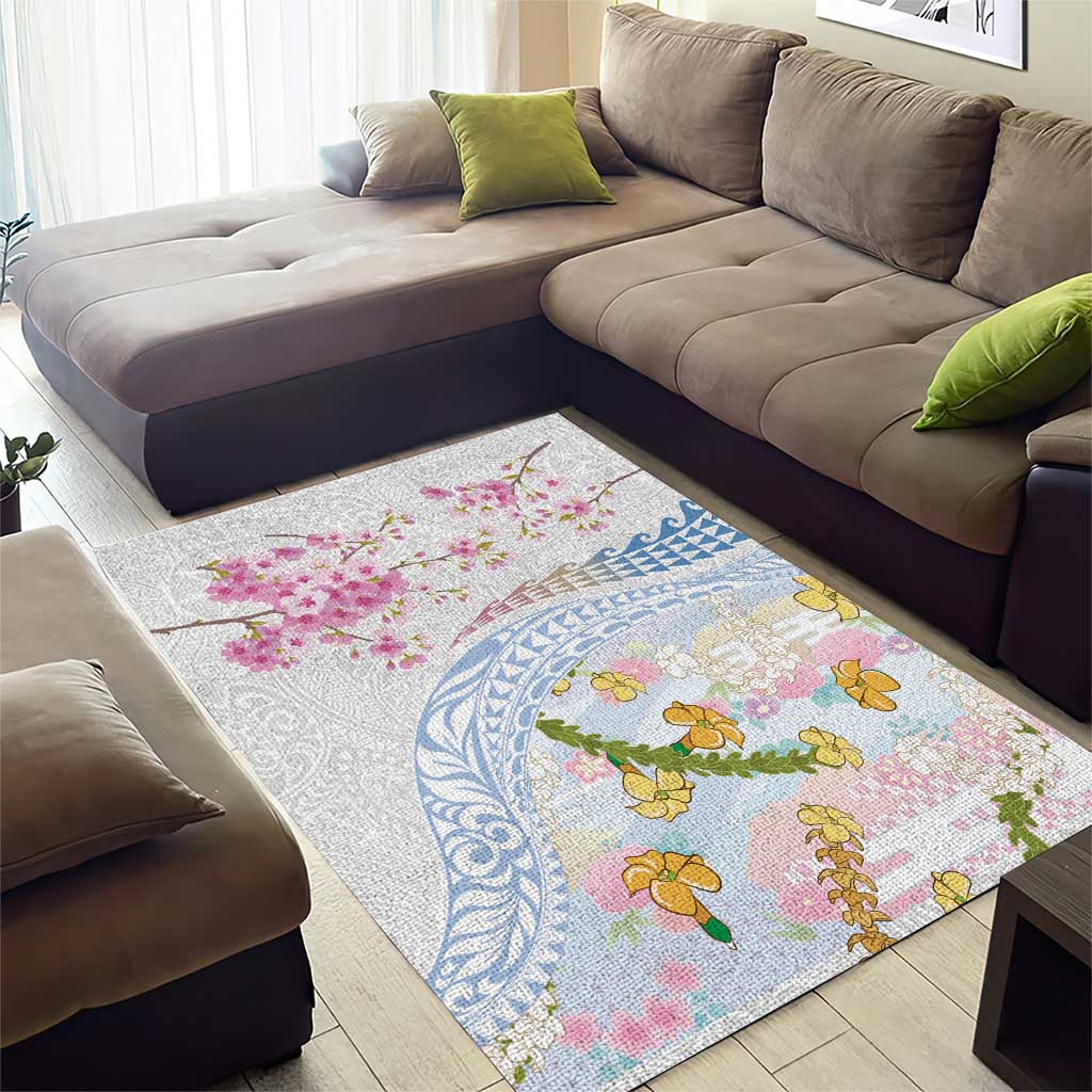 Hawaiian and Japanese Culture Together Area Rug Tribal Motifs with Lei and Japanese Sakura Pattern LT03 - Polynesian Pride