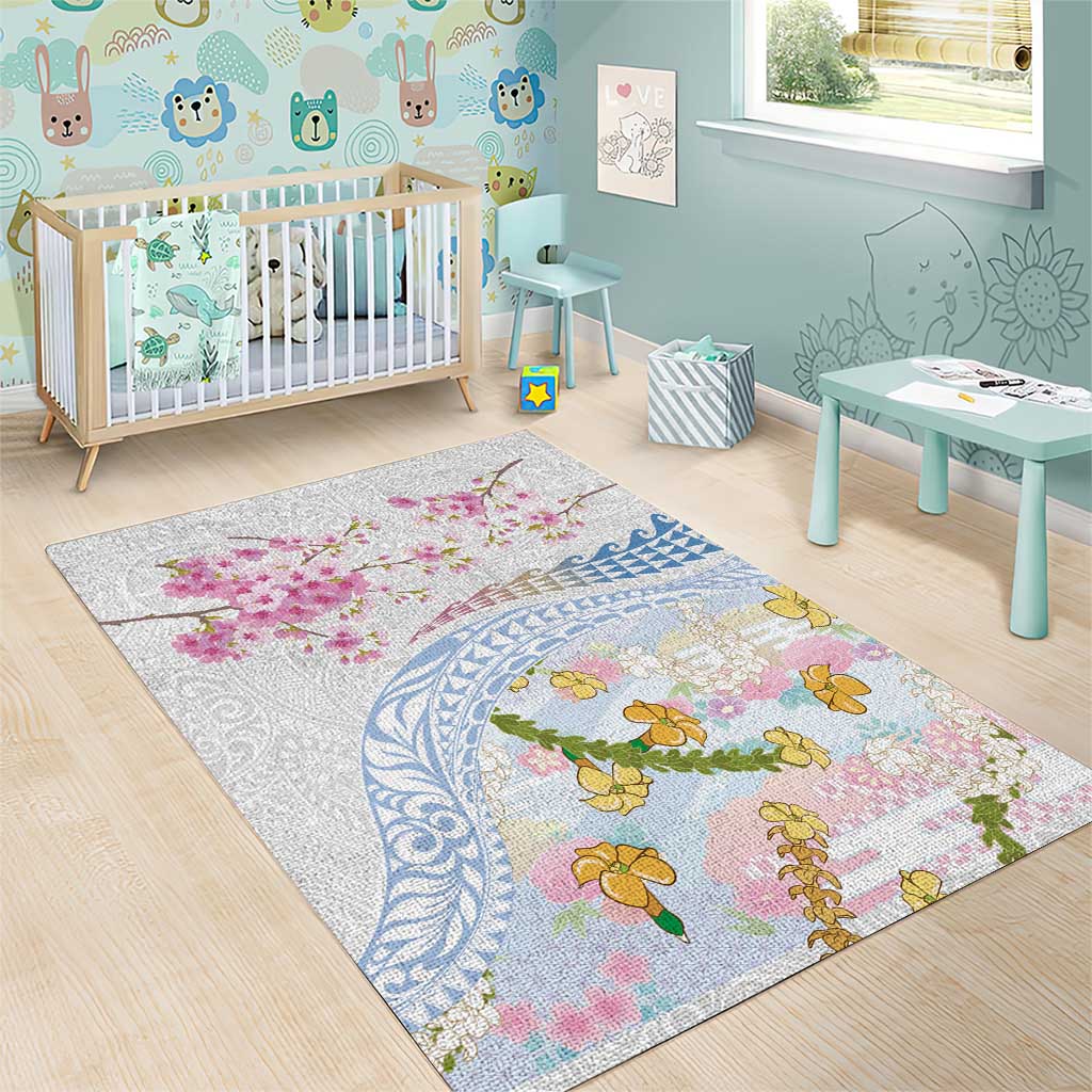 Hawaiian and Japanese Culture Together Area Rug Tribal Motifs with Lei and Japanese Sakura Pattern LT03 - Polynesian Pride