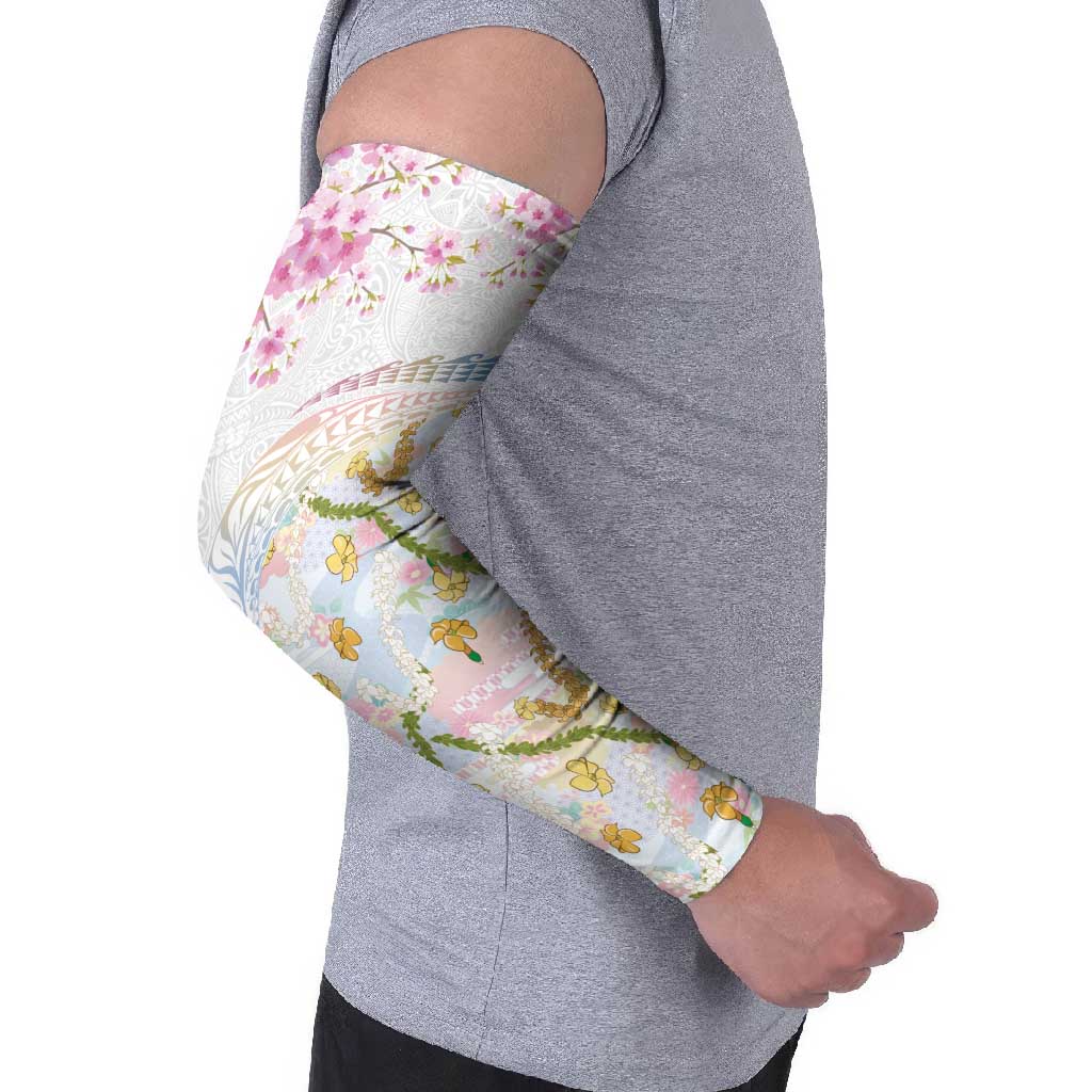Hawaiian and Japanese Culture Together Arm Sleeves Tribal Motifs with Lei and Japanese Sakura Pattern LT03 - Polynesian Pride