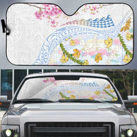 Hawaiian and Japanese Culture Together Auto Sun Shade Tribal Motifs with Lei and Japanese Sakura Pattern LT03 White - Polynesian Pride