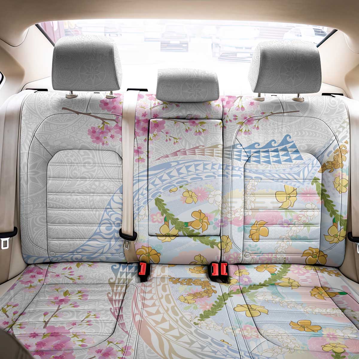 Hawaiian and Japanese Culture Together Back Car Seat Cover Tribal Motifs with Lei and Japanese Sakura Pattern LT03 - Polynesian Pride