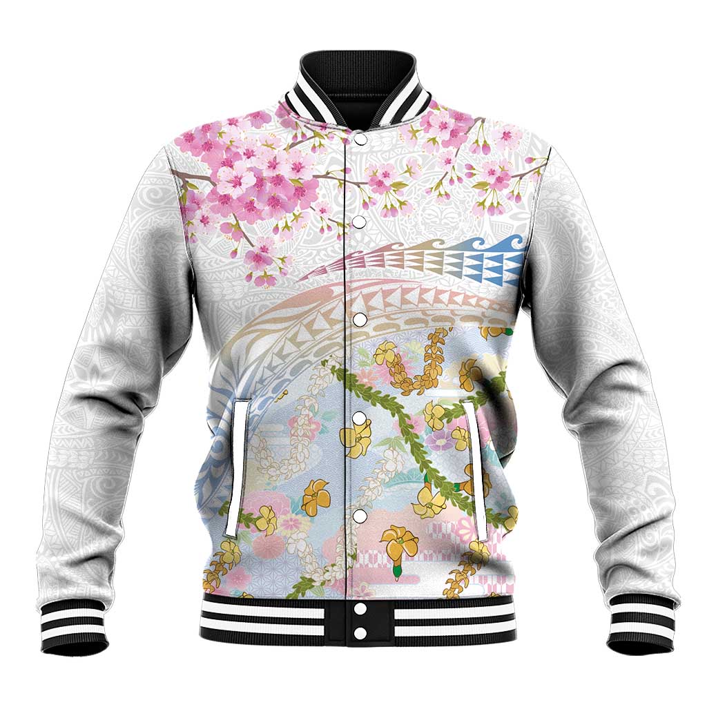 Hawaiian and Japanese Culture Together Baseball Jacket Tribal Motifs with Lei and Japanese Sakura Pattern LT03 Unisex White - Polynesian Pride