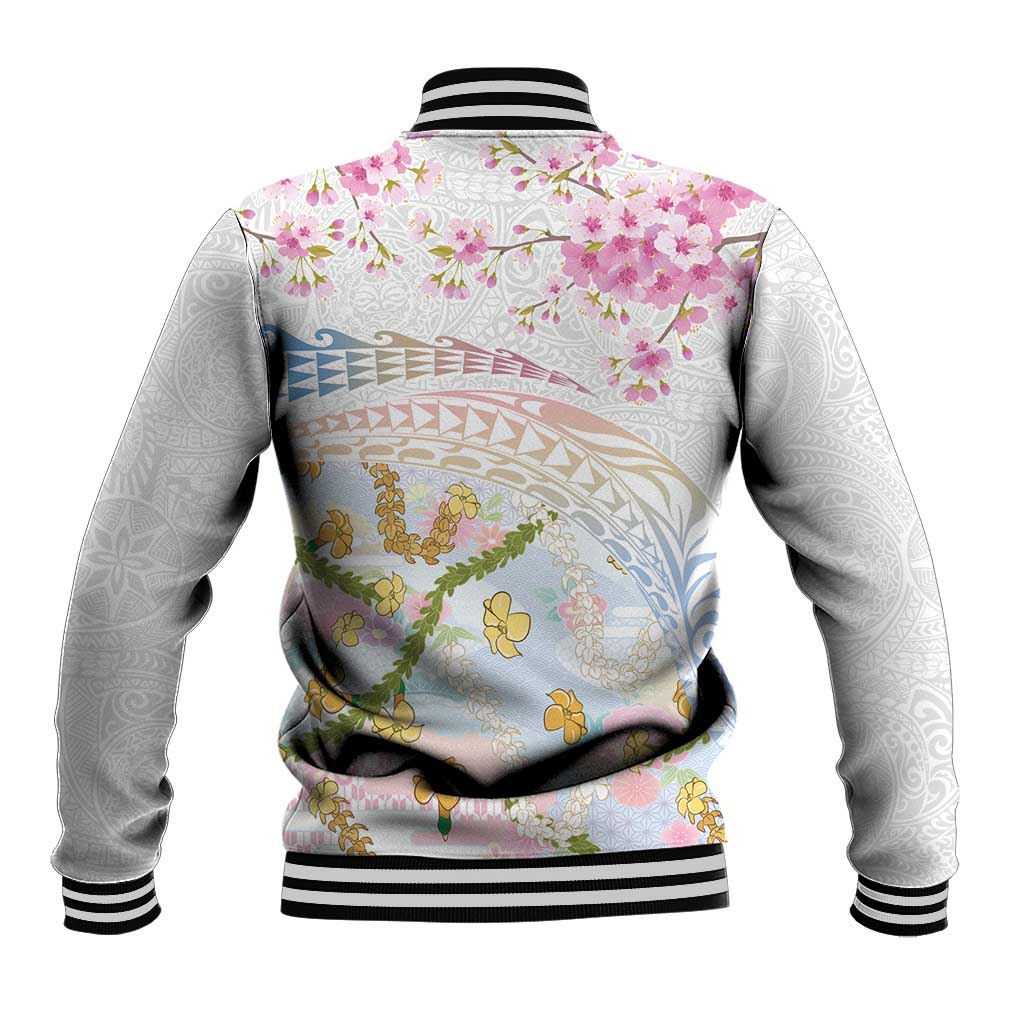 Hawaiian and Japanese Culture Together Baseball Jacket Tribal Motifs with Lei and Japanese Sakura Pattern LT03 - Polynesian Pride