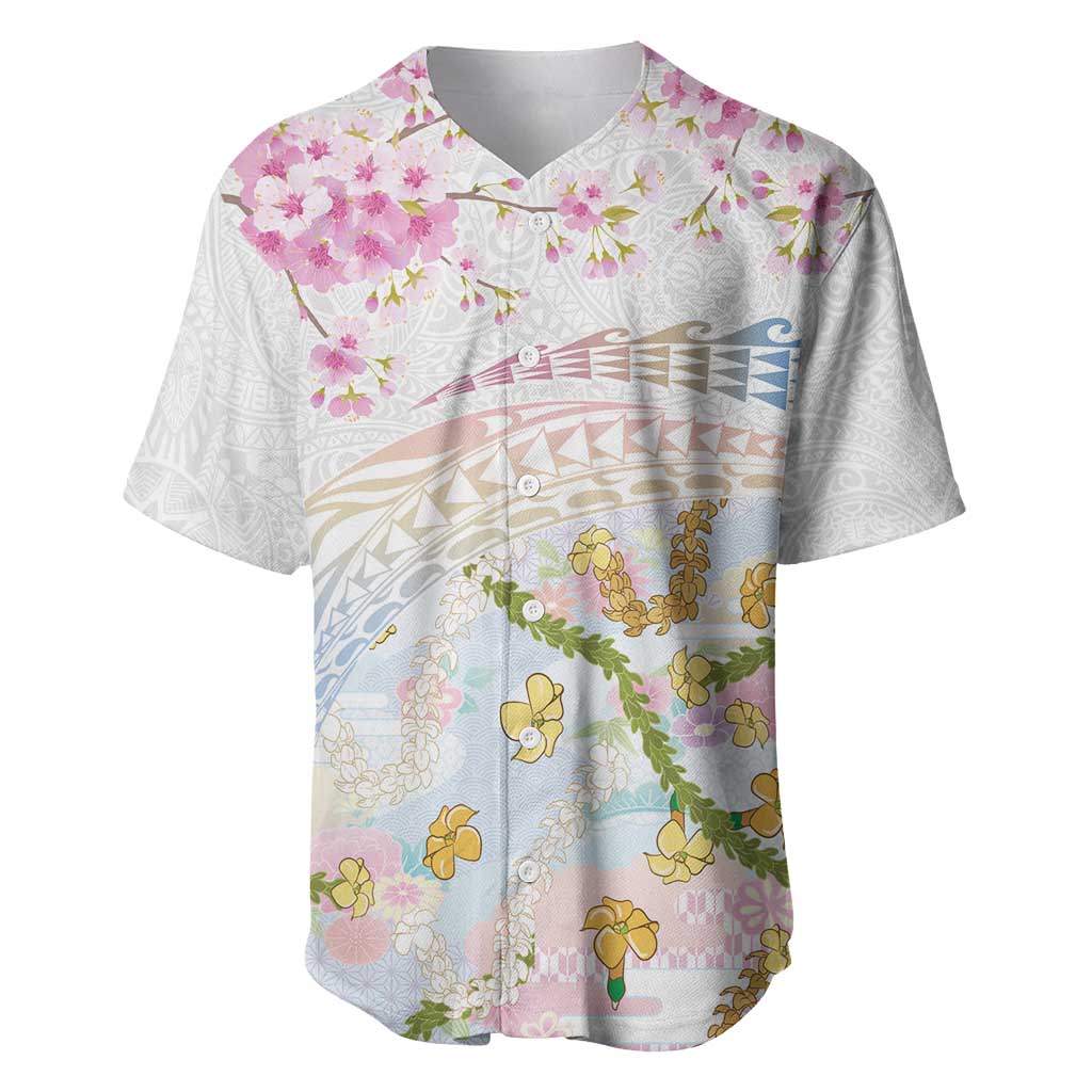 Hawaiian and Japanese Culture Together Baseball Jersey Tribal Motifs with Lei and Japanese Sakura Pattern LT03 White - Polynesian Pride