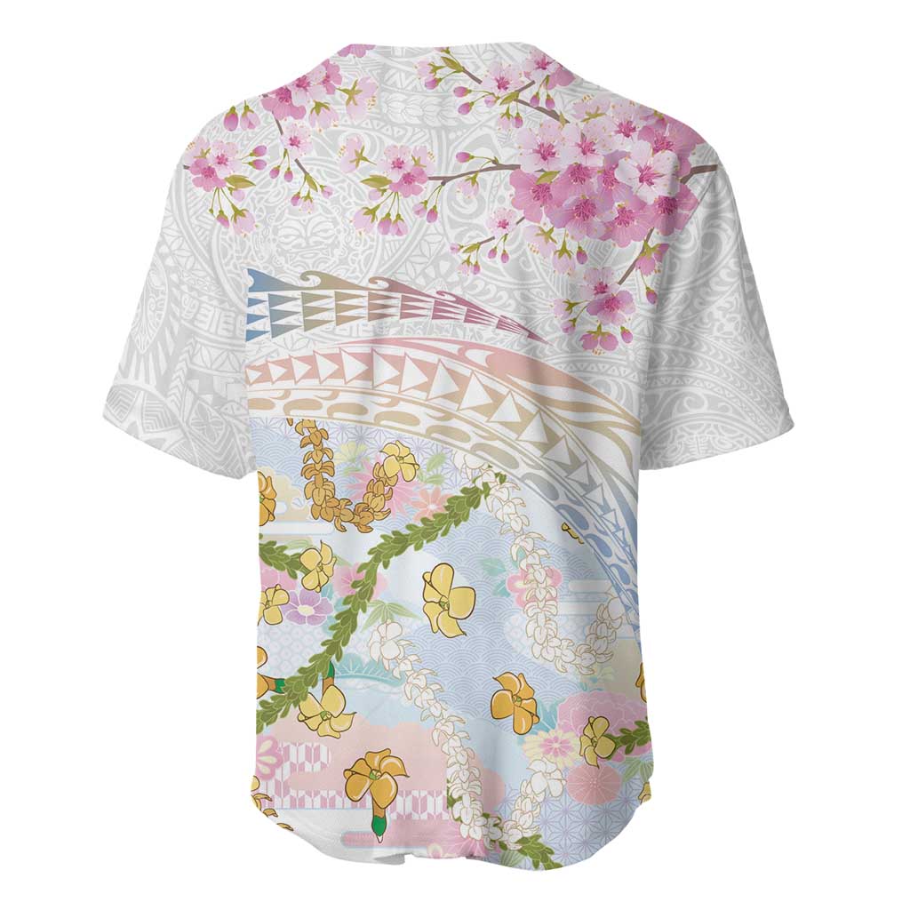Hawaiian and Japanese Culture Together Baseball Jersey Tribal Motifs with Lei and Japanese Sakura Pattern LT03 - Polynesian Pride