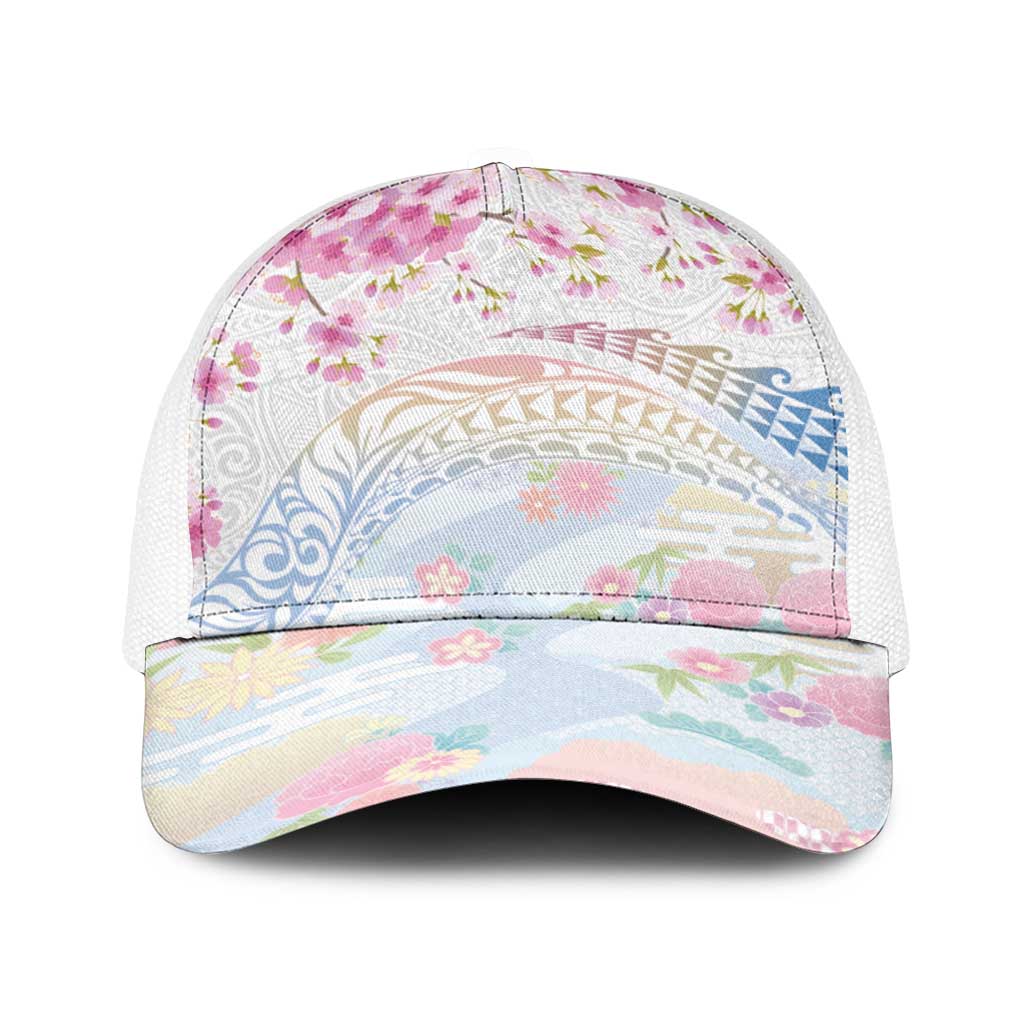 Hawaiian and Japanese Culture Together Baseball Net Cap Tribal Motifs with Lei and Japanese Sakura Pattern LT03 One Size White White - Polynesian Pride