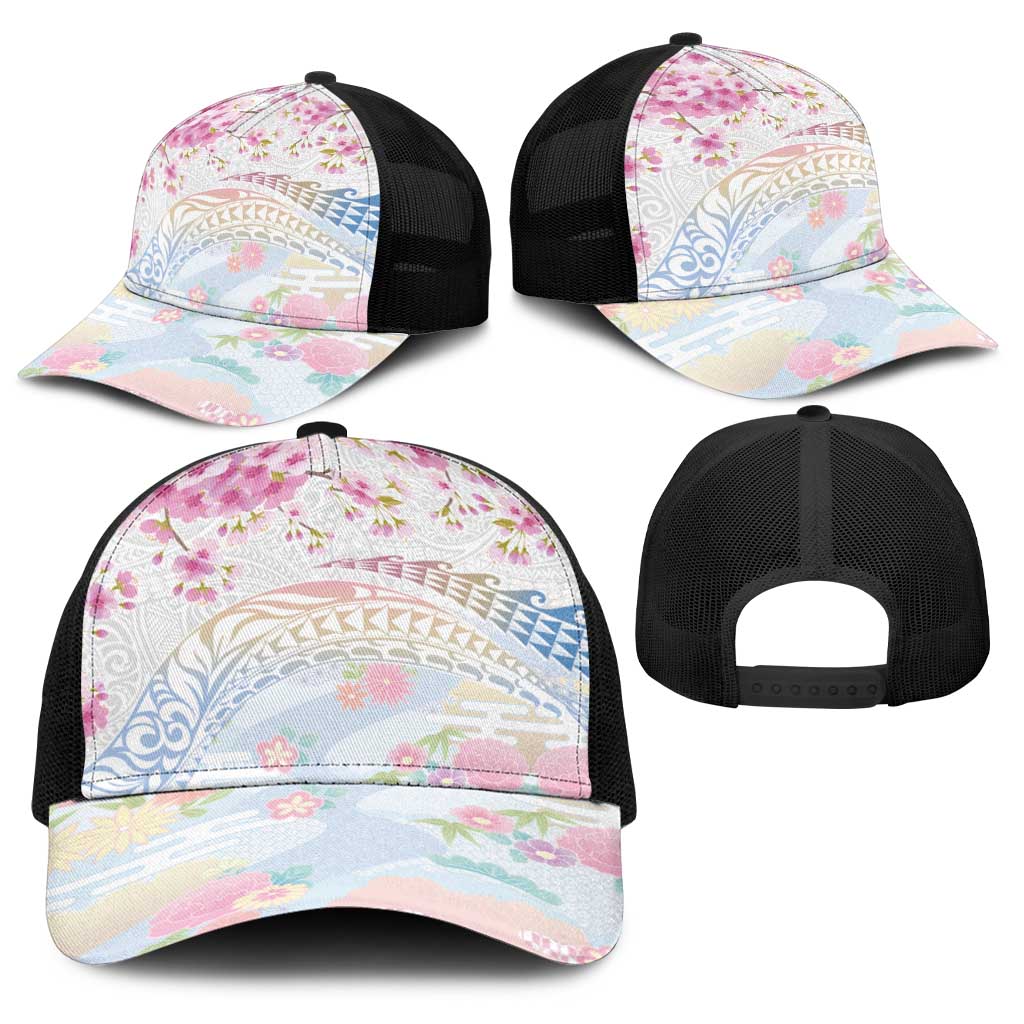 Hawaiian and Japanese Culture Together Baseball Net Cap Tribal Motifs with Lei and Japanese Sakura Pattern LT03 - Polynesian Pride