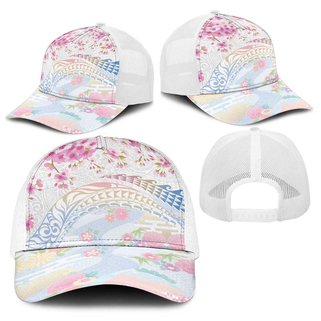 Hawaiian and Japanese Culture Together Baseball Net Cap Tribal Motifs with Lei and Japanese Sakura Pattern LT03 - Polynesian Pride