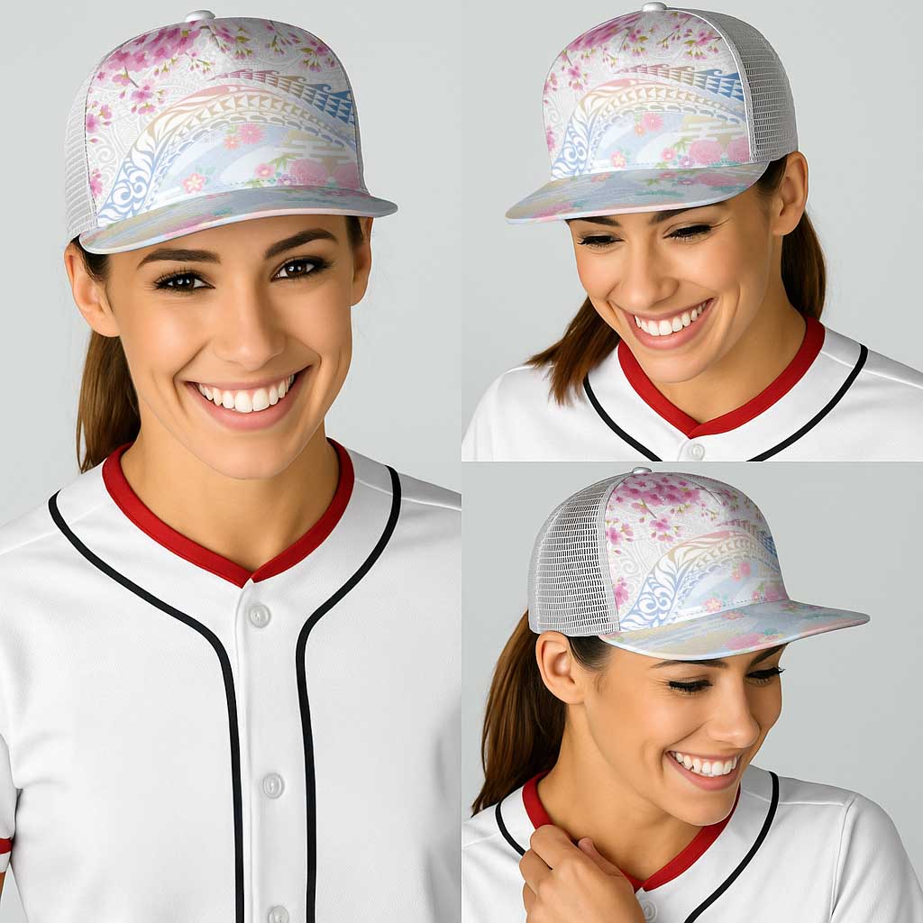 Hawaiian and Japanese Culture Together Baseball Net Cap Tribal Motifs with Lei and Japanese Sakura Pattern LT03 - Polynesian Pride