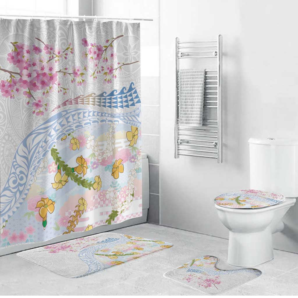 Hawaiian and Japanese Culture Together Bathroom Set Tribal Motifs with Lei and Japanese Sakura Pattern