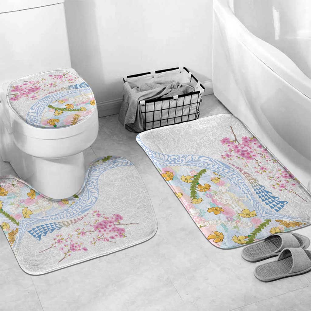 Hawaiian and Japanese Culture Together Bathroom Set Tribal Motifs with Lei and Japanese Sakura Pattern