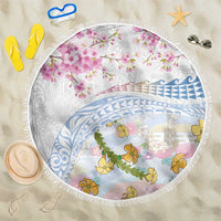 Hawaiian and Japanese Culture Together Beach Blanket Tribal Motifs with Lei and Japanese Sakura Pattern LT03 One Size 150cm White - Polynesian Pride