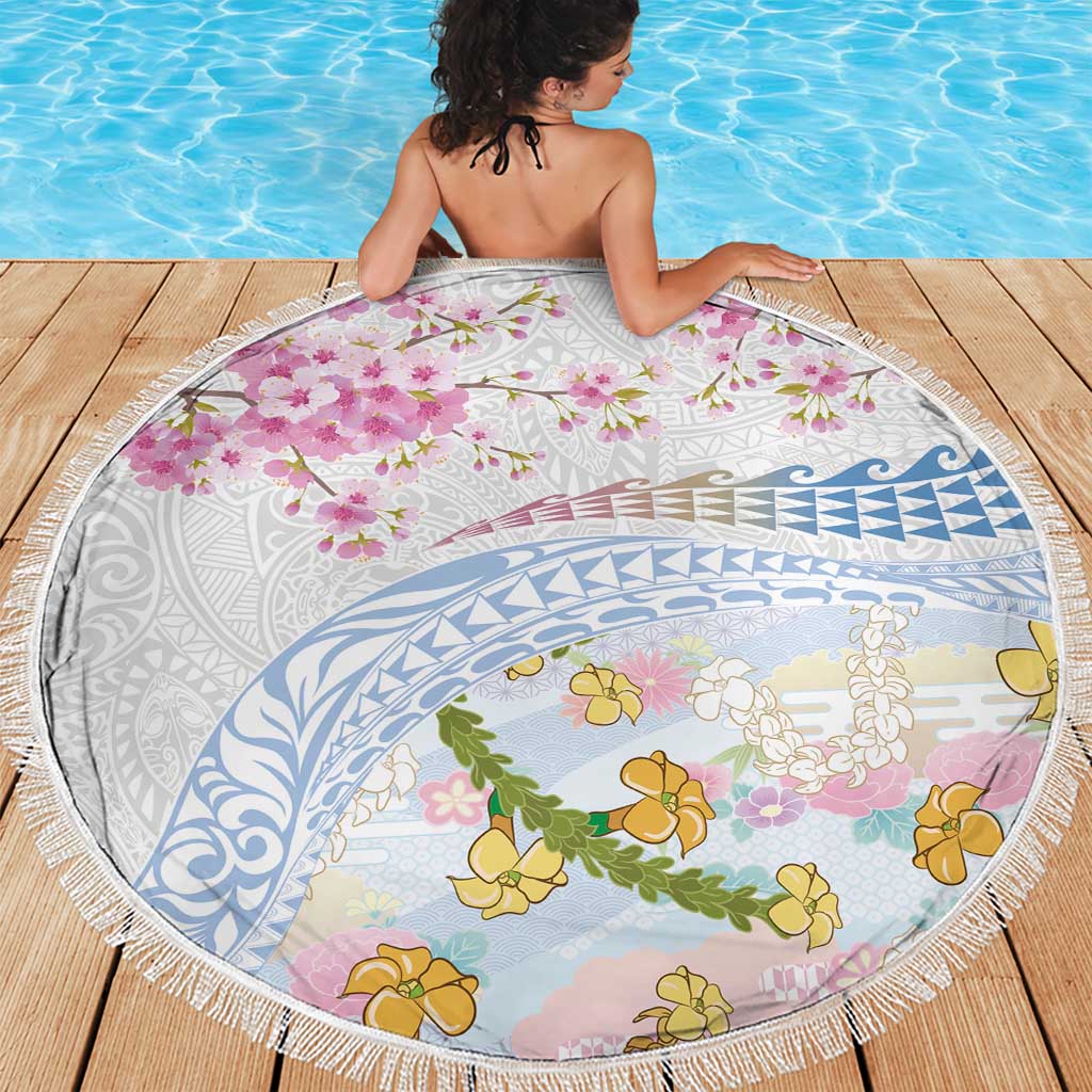 Hawaiian and Japanese Culture Together Beach Blanket Tribal Motifs with Lei and Japanese Sakura Pattern LT03 - Polynesian Pride