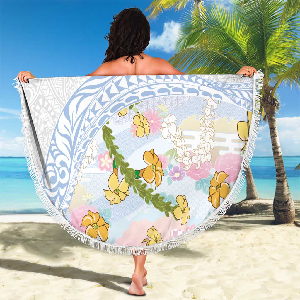 Hawaiian and Japanese Culture Together Beach Blanket Tribal Motifs with Lei and Japanese Sakura Pattern LT03 - Polynesian Pride