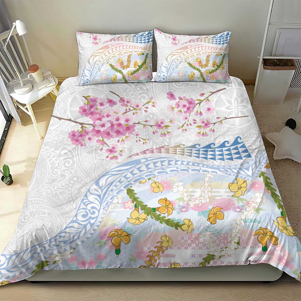 Hawaiian and Japanese Culture Together Bedding Set Tribal Motifs with Lei and Japanese Sakura Pattern LT03 - Polynesian Pride