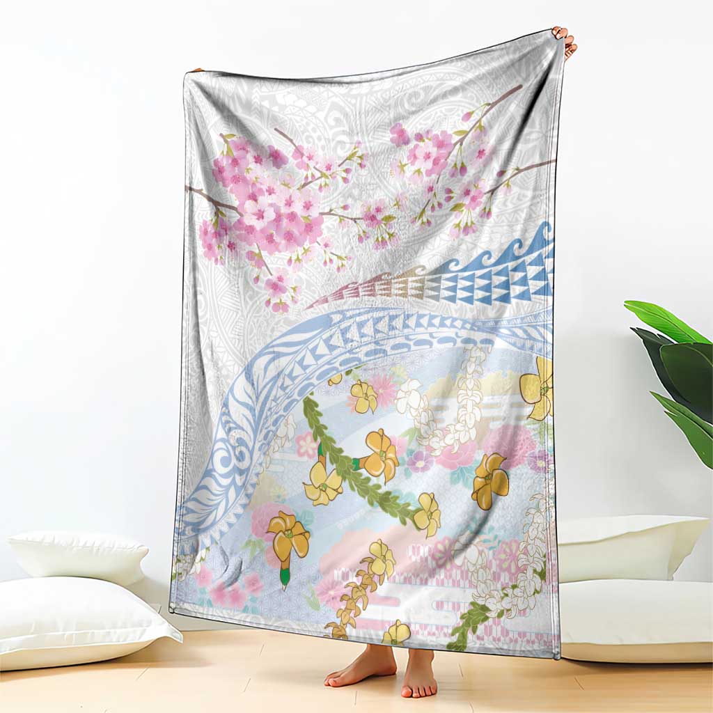 Hawaiian and Japanese Culture Together Blanket Tribal Motifs with Lei and Japanese Sakura Pattern LT03 - Polynesian Pride