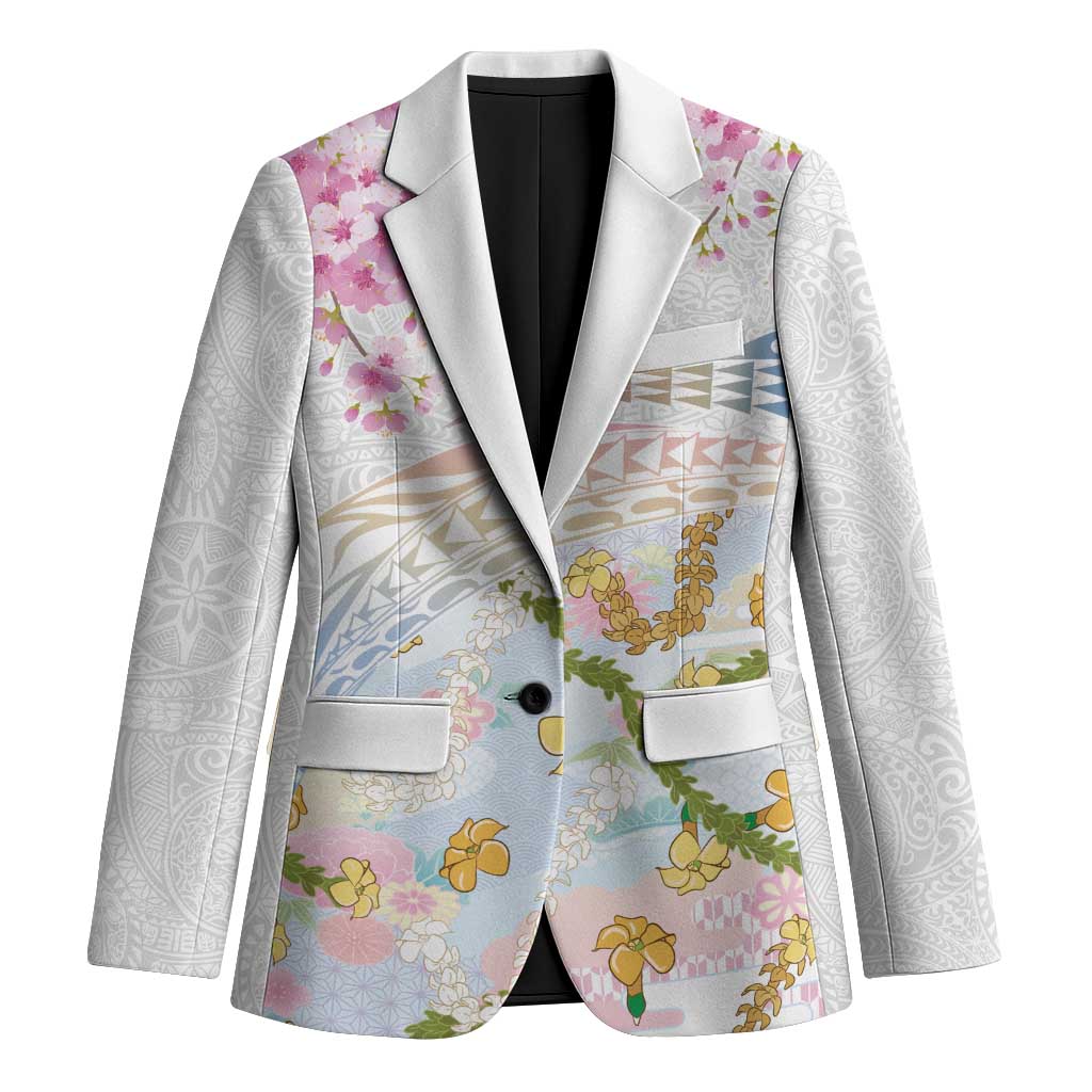 Hawaiian and Japanese Culture Together Blazer Tribal Motifs with Lei and Japanese Sakura Pattern LT03 Unisex White - Polynesian Pride