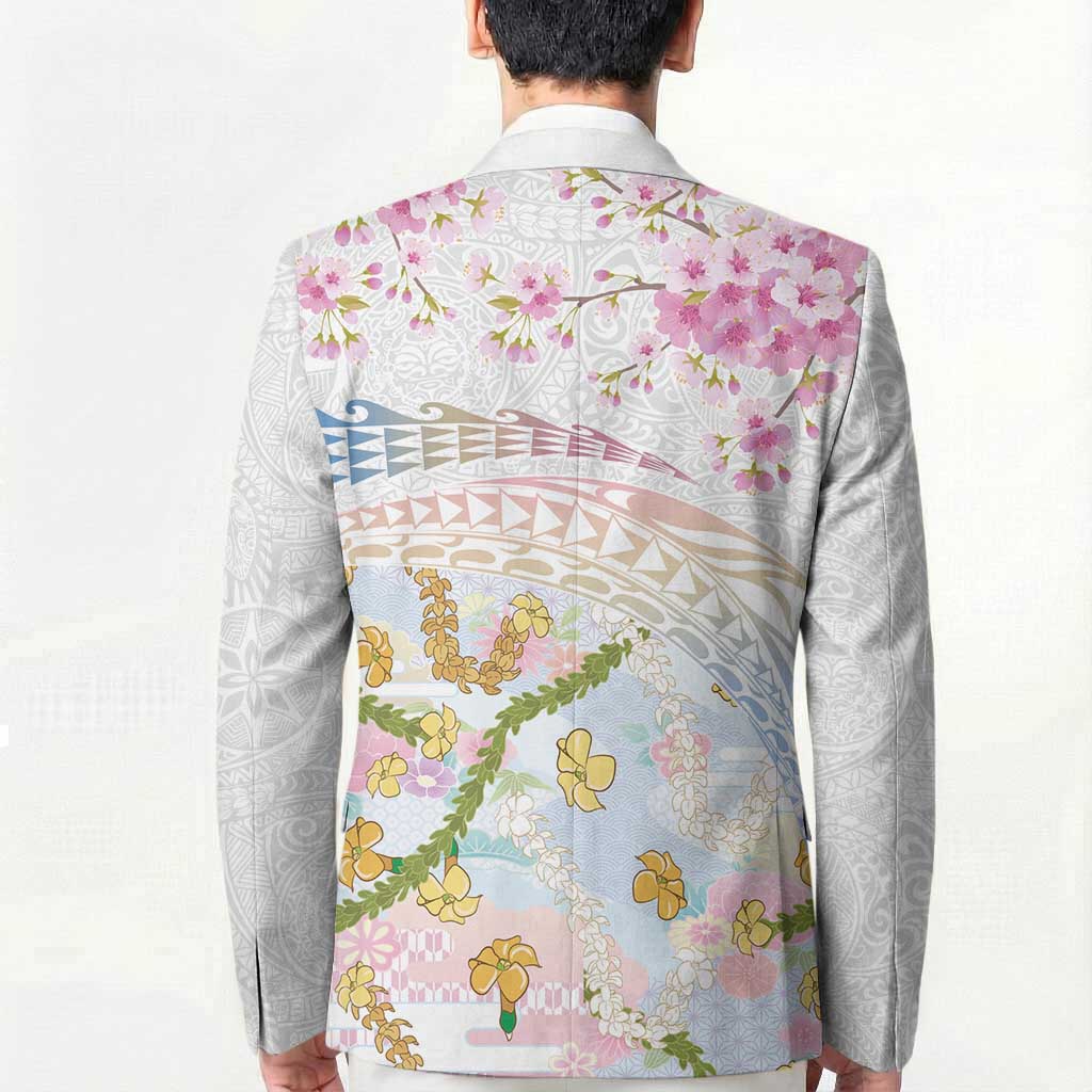 Hawaiian and Japanese Culture Together Blazer Tribal Motifs with Lei and Japanese Sakura Pattern LT03 - Polynesian Pride