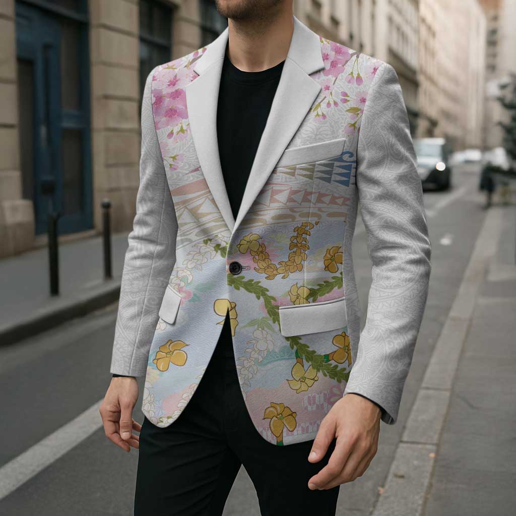 Hawaiian and Japanese Culture Together Blazer Tribal Motifs with Lei and Japanese Sakura Pattern LT03 - Polynesian Pride