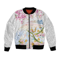 Hawaiian and Japanese Culture Together Bomber Jacket Tribal Motifs with Lei and Japanese Sakura Pattern LT03 Unisex White - Polynesian Pride