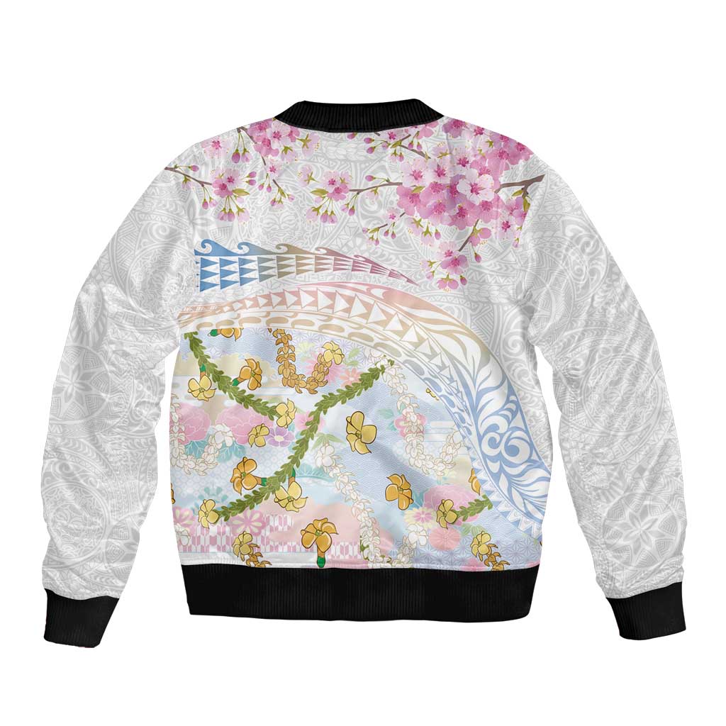 Hawaiian and Japanese Culture Together Bomber Jacket Tribal Motifs with Lei and Japanese Sakura Pattern LT03 - Polynesian Pride