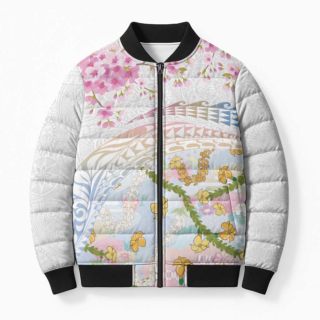Hawaiian and Japanese Culture Together Bomber Puffer Jacket Tribal Motifs with Lei and Japanese Sakura Pattern LT03 Unisex White - Polynesian Pride