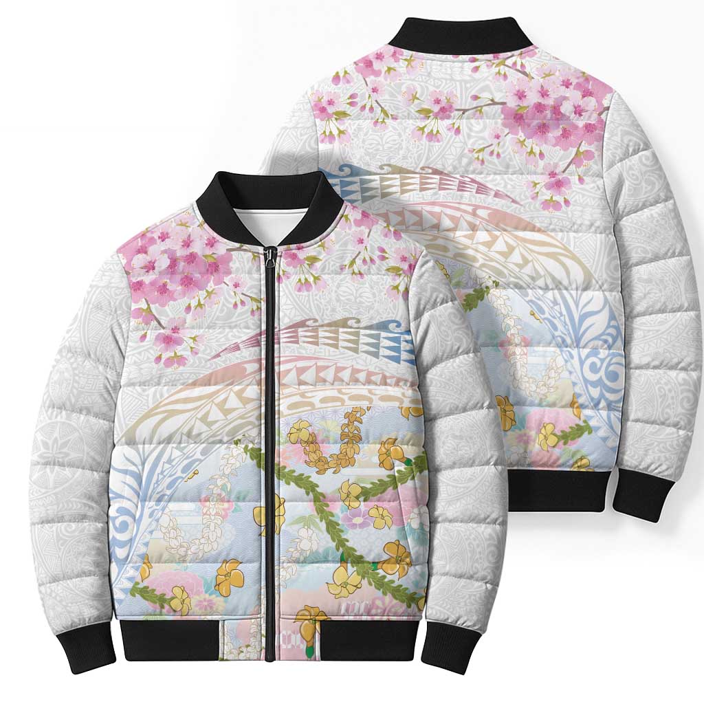 Hawaiian and Japanese Culture Together Bomber Puffer Jacket Tribal Motifs with Lei and Japanese Sakura Pattern LT03 - Polynesian Pride