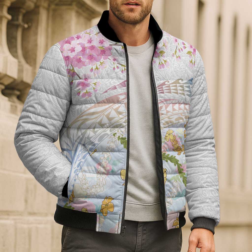 Hawaiian and Japanese Culture Together Bomber Puffer Jacket Tribal Motifs with Lei and Japanese Sakura Pattern LT03 - Polynesian Pride