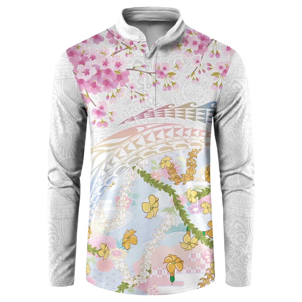 Hawaiian and Japanese Culture Together Button Sweatshirt Tribal Motifs with Lei and Japanese Sakura Pattern LT03 White - Polynesian Pride
