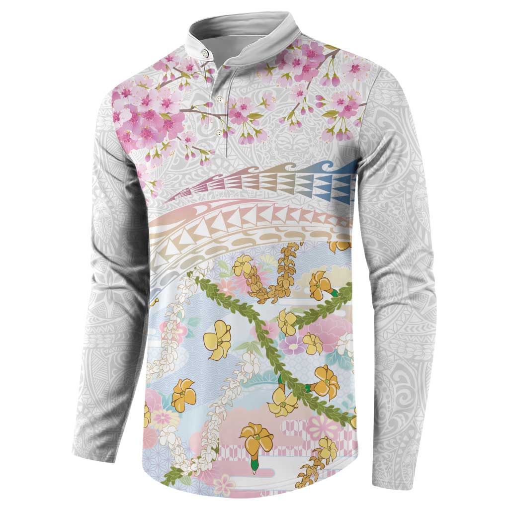 Hawaiian and Japanese Culture Together Button Sweatshirt Tribal Motifs with Lei and Japanese Sakura Pattern LT03 - Polynesian Pride