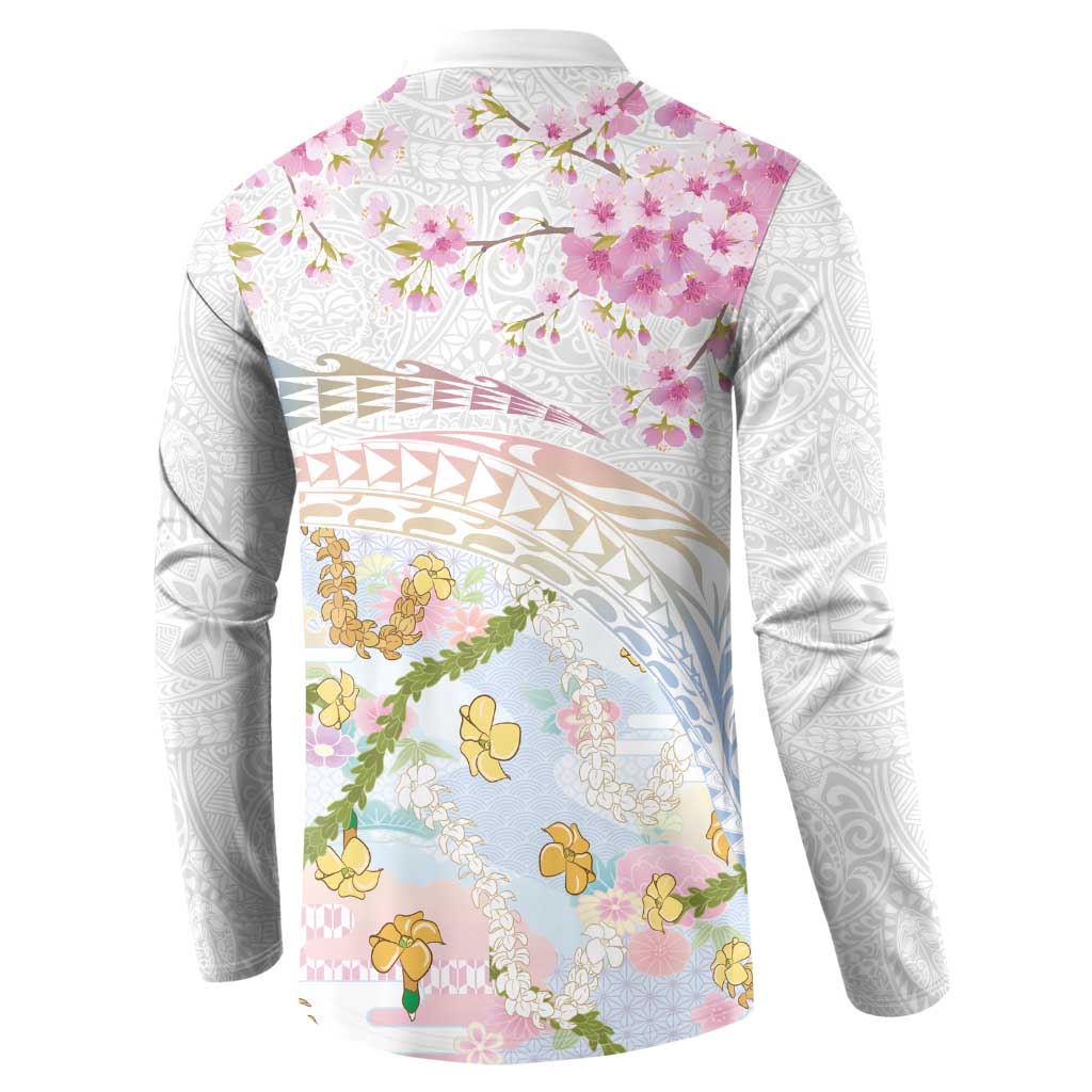 Hawaiian and Japanese Culture Together Button Sweatshirt Tribal Motifs with Lei and Japanese Sakura Pattern LT03 - Polynesian Pride