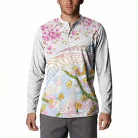 Hawaiian and Japanese Culture Together Button Sweatshirt Tribal Motifs with Lei and Japanese Sakura Pattern LT03 - Polynesian Pride