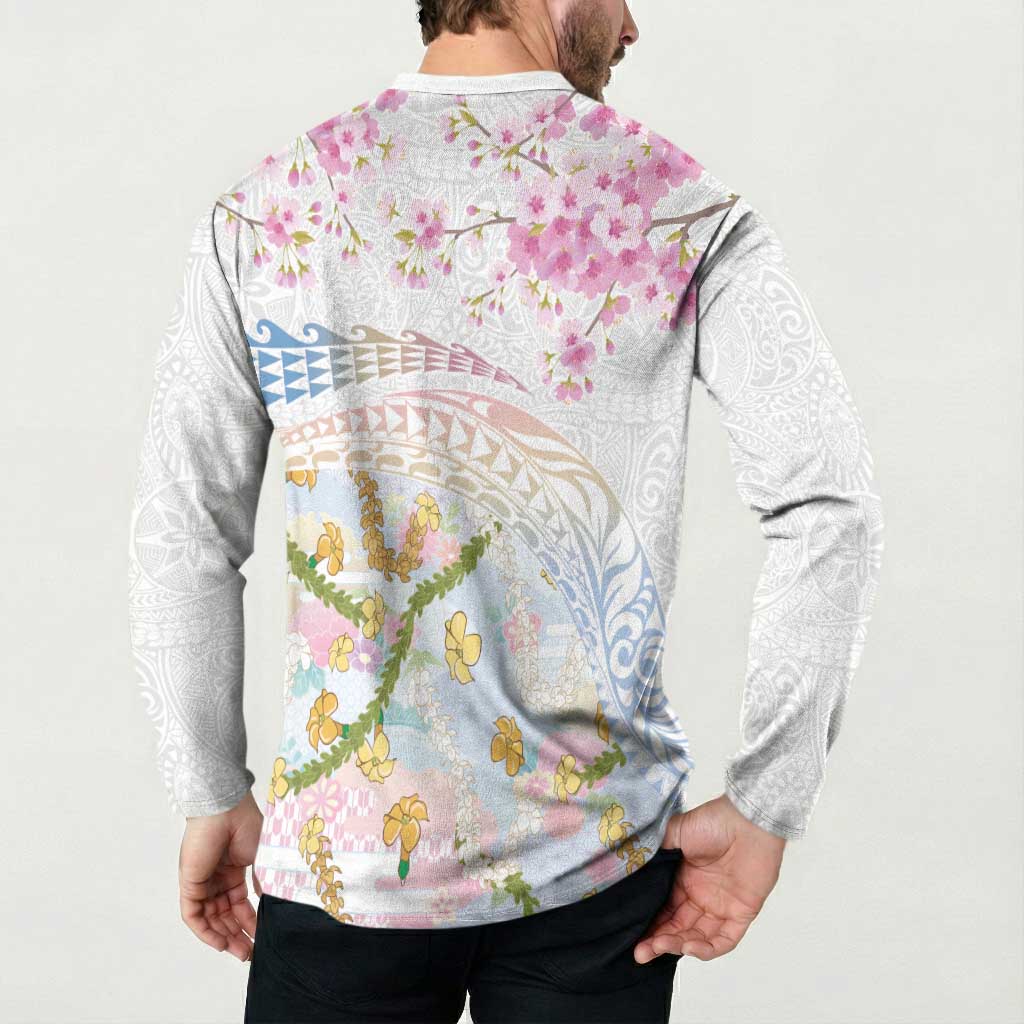 Hawaiian and Japanese Culture Together Button Sweatshirt Tribal Motifs with Lei and Japanese Sakura Pattern LT03 - Polynesian Pride
