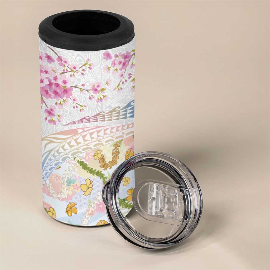 Hawaiian and Japanese Culture Together 4 in 1 Can Cooler Tumbler Tribal Motifs with Lei and Japanese Sakura Pattern LT03 - Polynesian Pride