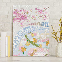 Hawaiian and Japanese Culture Together Canvas Wall Art Tribal Motifs with Lei and Japanese Sakura Pattern LT03 Without Frame White - Polynesian Pride