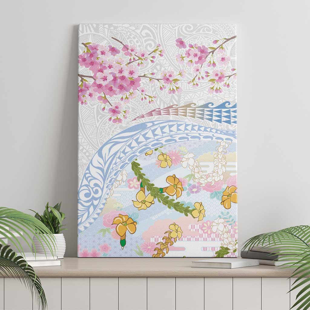 Hawaiian and Japanese Culture Together Canvas Wall Art Tribal Motifs with Lei and Japanese Sakura Pattern LT03 - Polynesian Pride