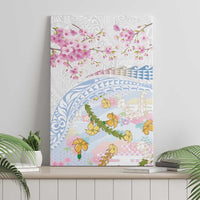 Hawaiian and Japanese Culture Together Canvas Wall Art Tribal Motifs with Lei and Japanese Sakura Pattern LT03 - Polynesian Pride