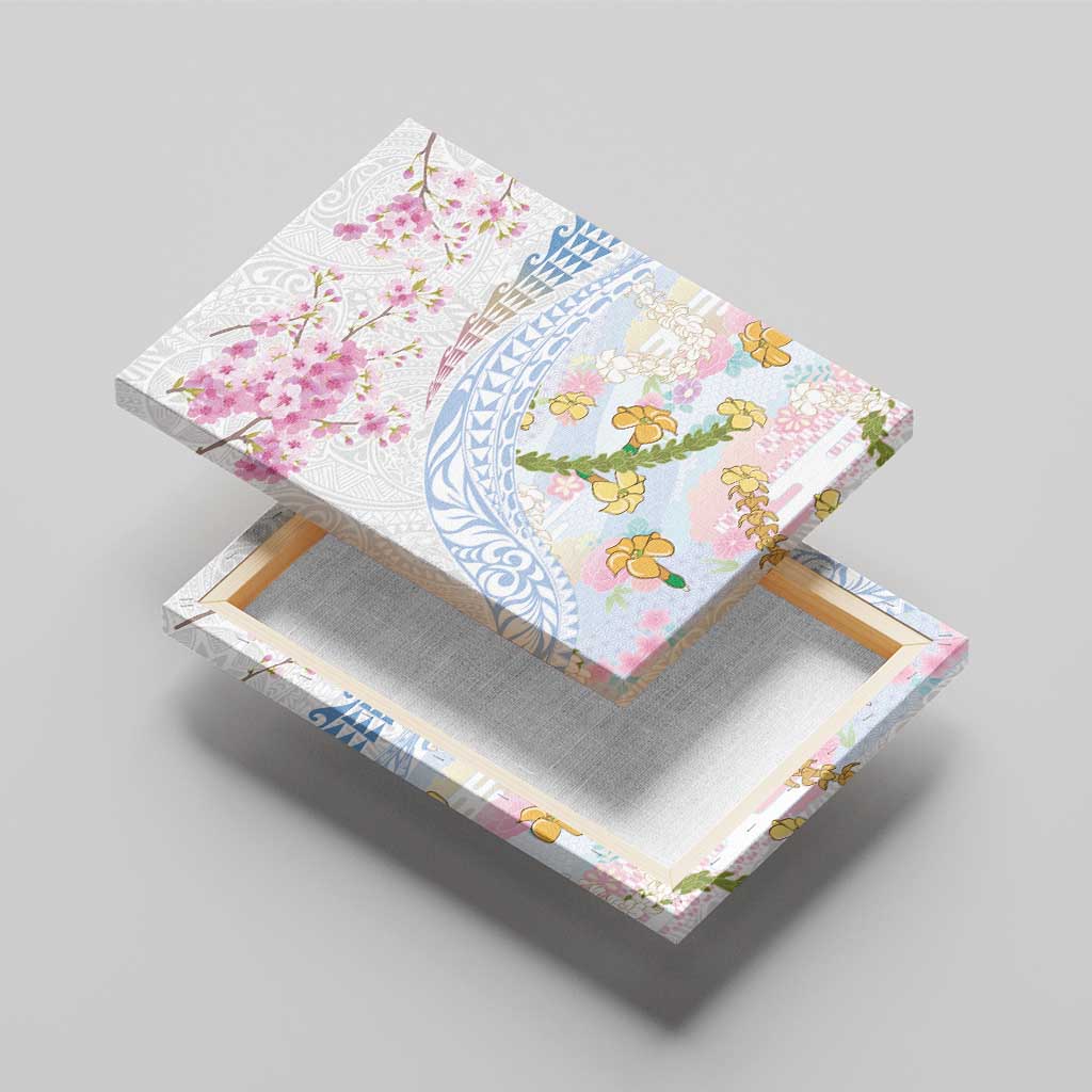 Hawaiian and Japanese Culture Together Canvas Wall Art Tribal Motifs with Lei and Japanese Sakura Pattern LT03 - Polynesian Pride