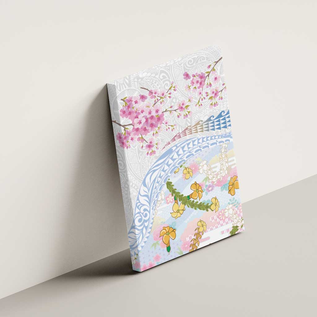 Hawaiian and Japanese Culture Together Canvas Wall Art Tribal Motifs with Lei and Japanese Sakura Pattern LT03 - Polynesian Pride