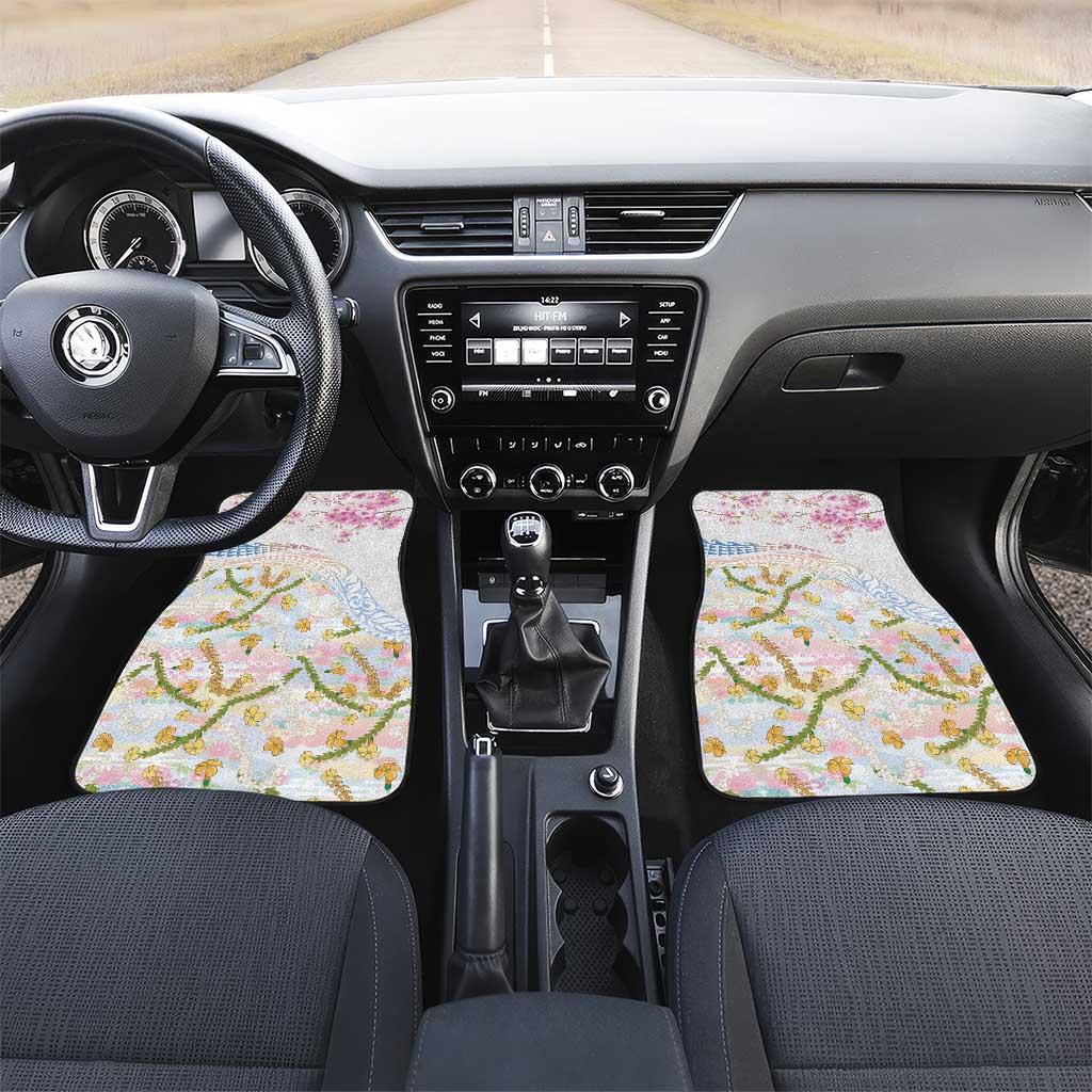 Hawaiian and Japanese Culture Together Car Mats Tribal Motifs with Lei and Japanese Sakura Pattern LT03 Set 2pcs - Front White - Polynesian Pride