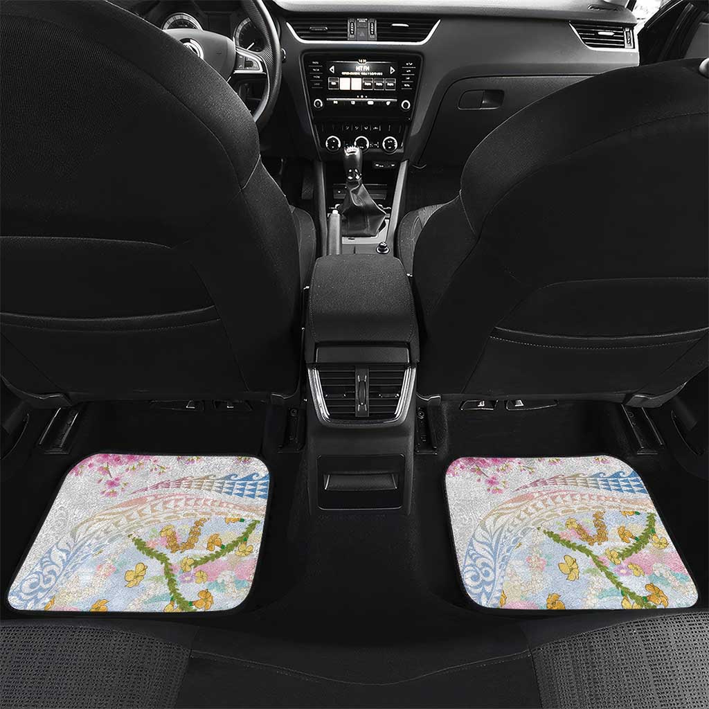 Hawaiian and Japanese Culture Together Car Mats Tribal Motifs with Lei and Japanese Sakura Pattern LT03 Set 2pcs - Back White - Polynesian Pride