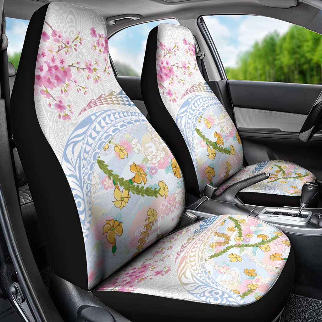 Hawaiian and Japanese Culture Together Car Seat Cover Tribal Motifs with Lei and Japanese Sakura Pattern LT03 - Polynesian Pride