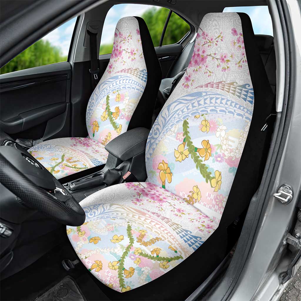 Hawaiian and Japanese Culture Together Car Seat Cover Tribal Motifs with Lei and Japanese Sakura Pattern LT03 - Polynesian Pride