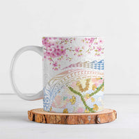 Hawaiian and Japanese Culture Together Ceramic Mug Tribal Motifs with Lei and Japanese Sakura Pattern LT03 White - Polynesian Pride