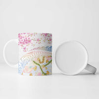 Hawaiian and Japanese Culture Together Ceramic Mug Tribal Motifs with Lei and Japanese Sakura Pattern LT03 - Polynesian Pride