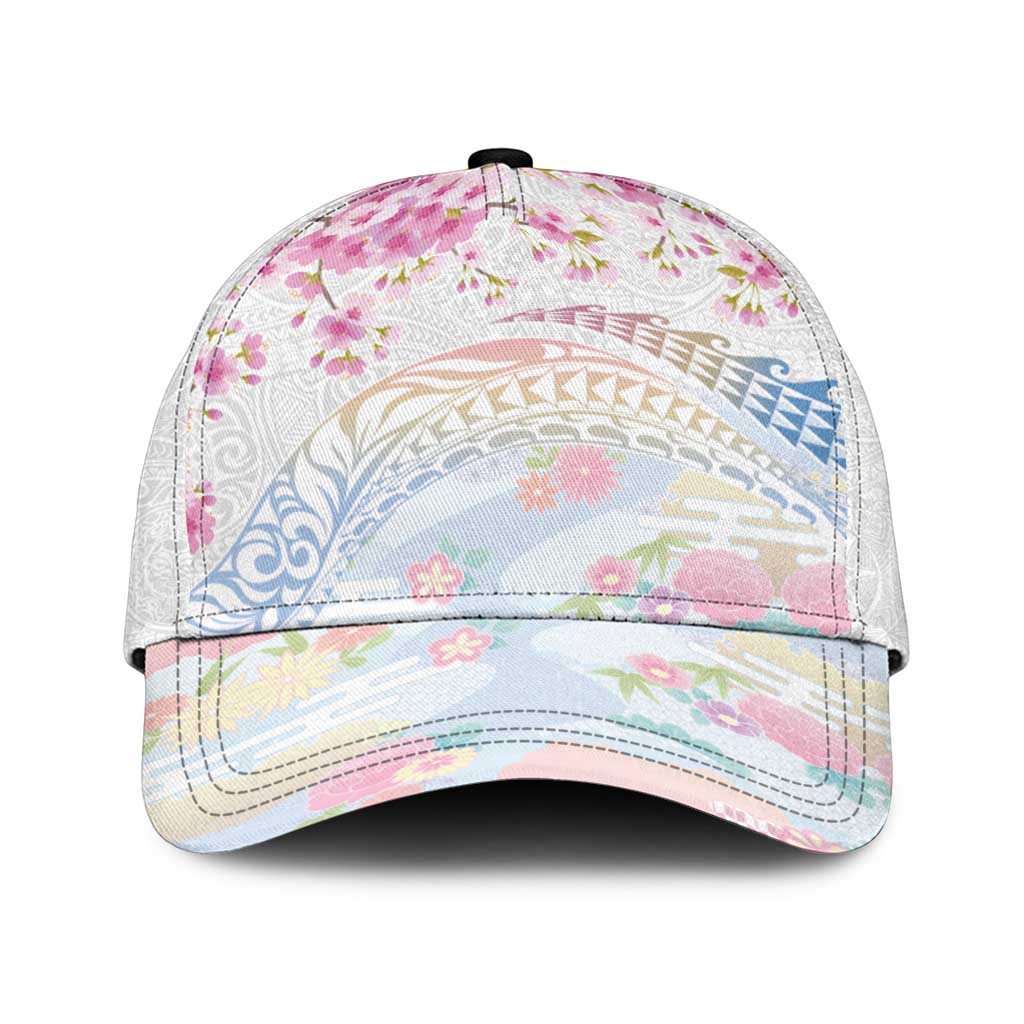 Hawaiian and Japanese Culture Together Classic Cap Tribal Motifs with Lei and Japanese Sakura Pattern LT03 Universal Fit White - Polynesian Pride