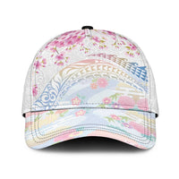 Hawaiian and Japanese Culture Together Classic Cap Tribal Motifs with Lei and Japanese Sakura Pattern LT03 Universal Fit White - Polynesian Pride