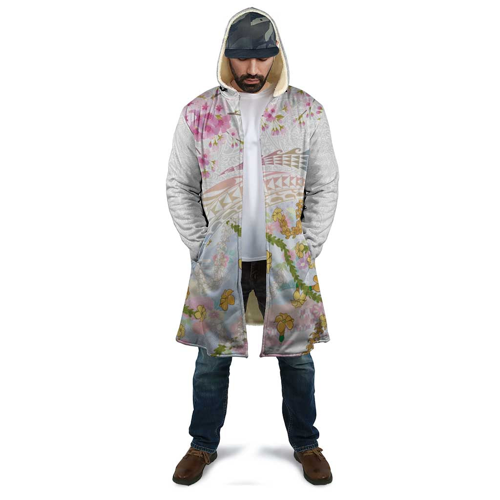 Hawaiian and Japanese Culture Together Cloak Tribal Motifs with Lei and Japanese Sakura Pattern LT03 - Polynesian Pride